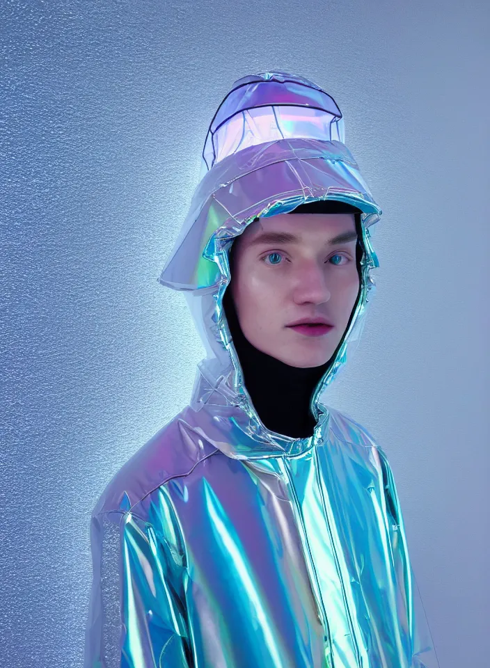 Image similar to an ultra high definition professional studio quality photograph of an artificially intelligent android influencer with silver skin wearing a transparent iridescent pastel coloured visor and matching wavey raincoat on white hook in a sheer icelandic black rock environment. three point light. dramatic lighting. volumetric shadows. light rays