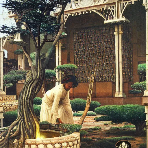 Image similar to Old African gardener cutting bonsai trees, isyllic Garden, by Annie Swynnerton and Nicholas Roerich and jean delville, glowing paper lanterns, strong dramatic cinematic lighting , ornate tiled architecture, lost civilizations, smooth, sharp focus, extremely detailed