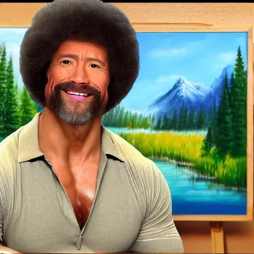 Image similar to dwayne johnson as bob ross, zoomed into his face while he is painting a painting, ultra realistic, hd, 8 k, happy little trees