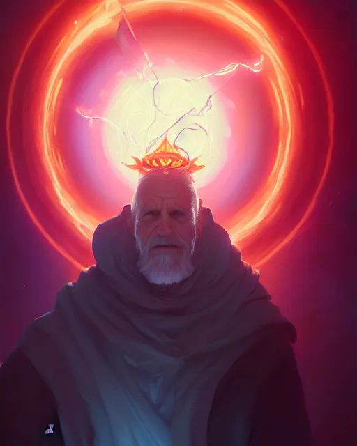 Image similar to highly detailed vfx portrait of an old mage casting a light spell, unreal engine, greg rutkowski, loish, rhads, beeple, makoto shinkai and lois van baarle, ilya kuvshinov, rossdraws, tom bagshaw, alphonse mucha, global illumination, detailed and intricate environment