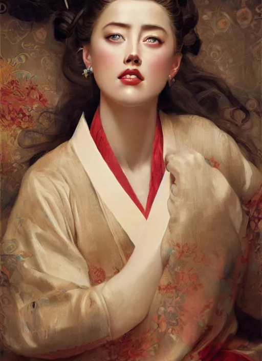 Image similar to detailed portrait of amber heard wearing hanfu, natural light, painting by gaston bussiere, craig mullins, j. c. leyendecker