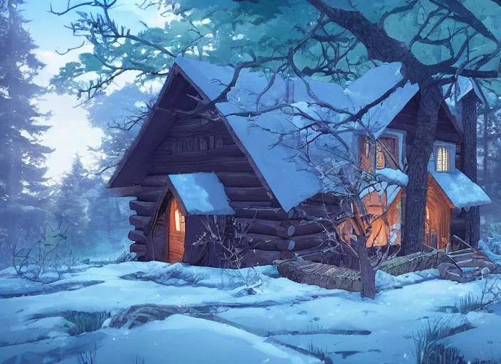 Image similar to A witches cabin in the woods, peaceful and serene, incredible perspective, soft lighting, anime scenery by Makoto Shinkai and studio ghibli, very detailed