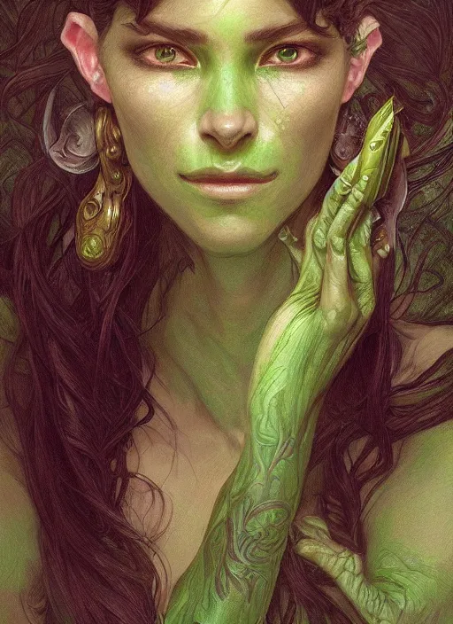 Image similar to portrait of beautiful green skin cute goblin girl, fantasy, D&D, intricate, elegant, highly detailed, digital painting, artstation, concept art, smooth, sharp focus, illustration, art by artgerm and greg rutkowski and alphonse mucha and Gustav Klimt