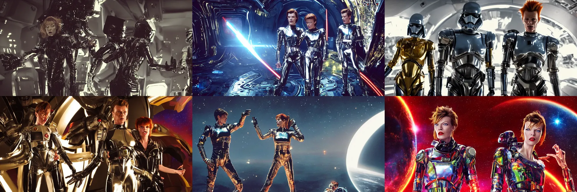 Prompt: milla jovovich and david bowie wearing a rocknroll glitzy glamour spacesuit, psychedelic, beautiful, heroic action pose, a friendly android, stunning alien landscape, cinematic, dramatic studio lighting, wide shot, in the style of kubrick, ridley scott, jodorowsky, dune, star wars, octane render 8 k