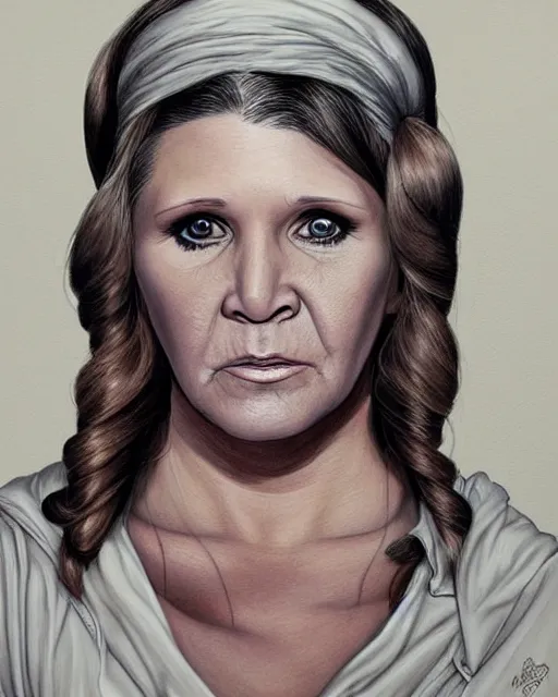Prompt: portrait of carrie fisher, gritty, dark, very detailed eyes, hyperrealistic, very detailed painting by Glenn Fabry, by Joao Ruas, by Artgerm