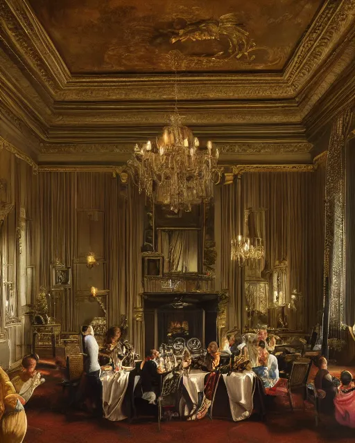 Prompt: realist rococo painting of a 1 9 2 0 s party in a beautiful mansion, vaulted ceiling, many partygoers, strong contrast, unreal engine, hyper realism, realistic shading, cinematic composition, realistic render, octane render, detailed textures, photorealistic, ultrawide shot, 3 5 mm film