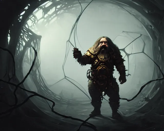 Image similar to a 4 k cinematic screenshot still portrait of a dwarf in a dark liminal space room surrounded by spider webs, deep focus, d & d, fantasy, intricate, elegant, highly detailed, digital painting, art station, concept art, matte, sharp focus, illustration, dark fantasy style art, hearthstone, art by artgerm and greg rutkowski and alphonse mucha