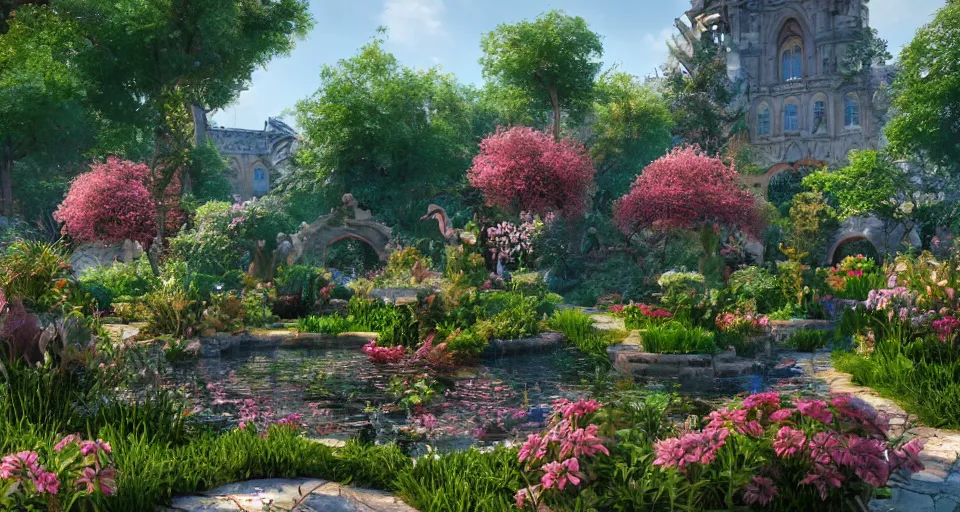 Image similar to Beautiful garden, next to a fountain and a mystical palace, hyperdetailed, artstation, cgsociety, golden hour 8k