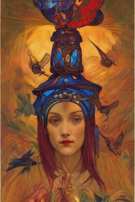 Image similar to queen of the dawn with her lantern and birds, by Annie Swynnerton and Nicholas Roerich, elaborate headdress and iridescent beetles, rich color, dramatic cinematic lighting, extremely detailed