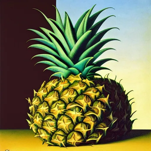 Image similar to the son of man but with a pineapple, painting by rene magritte, high detail, high resolution