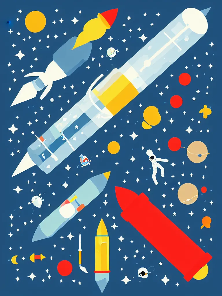 Image similar to editorial illustration scientific lab test tube telescope microscope astronaut rocket, colorful modern, mads berg