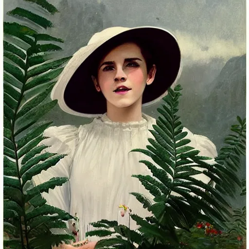 Image similar to closed eyes thick paint brush strokes full body fashion model smiling emma watson by Jeremy Lipking by Hasui Kawase by Richard Schmid (((smokey eyes makeup eye shadow fantasy, glow, shimmer as victorian woman in a long white frilly lace dress and a large white hat having tea in a sunroom filled with flowers, roses and lush fern flowers ,intricate, night, highly detailed, dramatic lighting))) , high quality