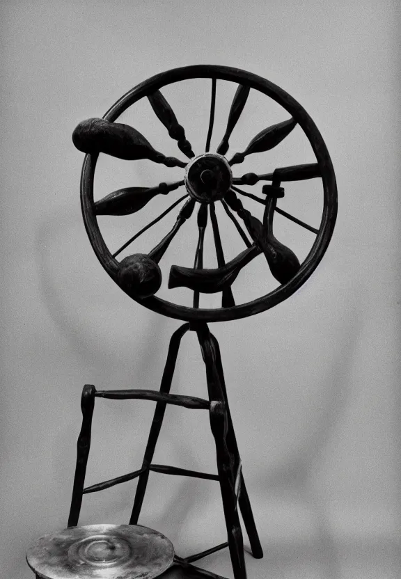 Prompt: a spinning wheel sitting on top of a stool, a surrealist sculpture by marcel duchamp, behance, fluxus, studio portrait, academic art, studio light, grainy 3 5 mm film