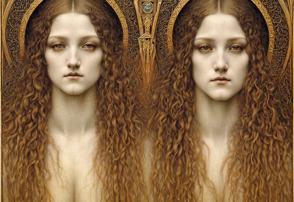 Image similar to detailed realistic beautiful young medieval queen face portrait by jean delville, gustave dore and marco mazzoni, art nouveau, symbolist, visionary, gothic, pre - raphaelite. horizontal symmetry