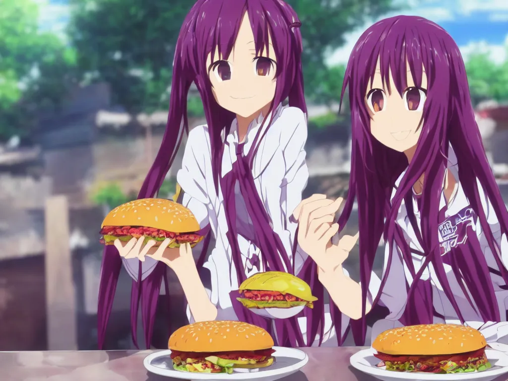 Image similar to yuuki konno from sword art online eating a big burger and being happy, purple hair, High Definition detail, 8K, anime