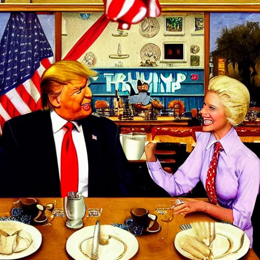 Image similar to smiling trump meets with laughing slaanesh at a diner, style of norman rockwell, 8 k, ultra detailed, photograph, rule of thirds.