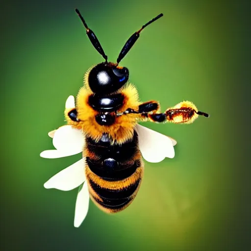 Image similar to a bee robot standing on a flower extracting nectar, seen with a macro lens, well detailed, artstation