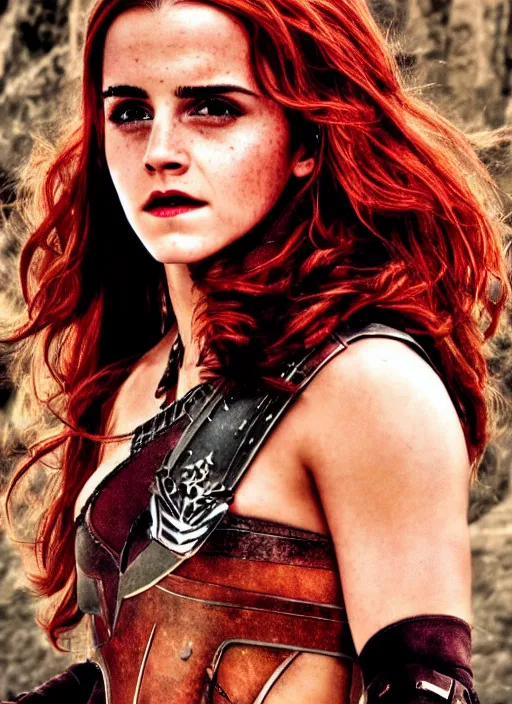 Prompt: photography emma watson as red sonja, beautiful face cinematic