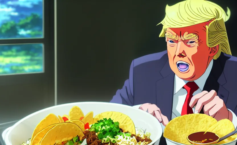 Image similar to beautiful makoto shinkai anime style digital film still portrait of donald trump eating a taco bowl, 4 k, 8 k, hd, high resolution, highly detailed, intricate detail, ultra realistic faces, digital art, trending on artstation, your name, weathering with you