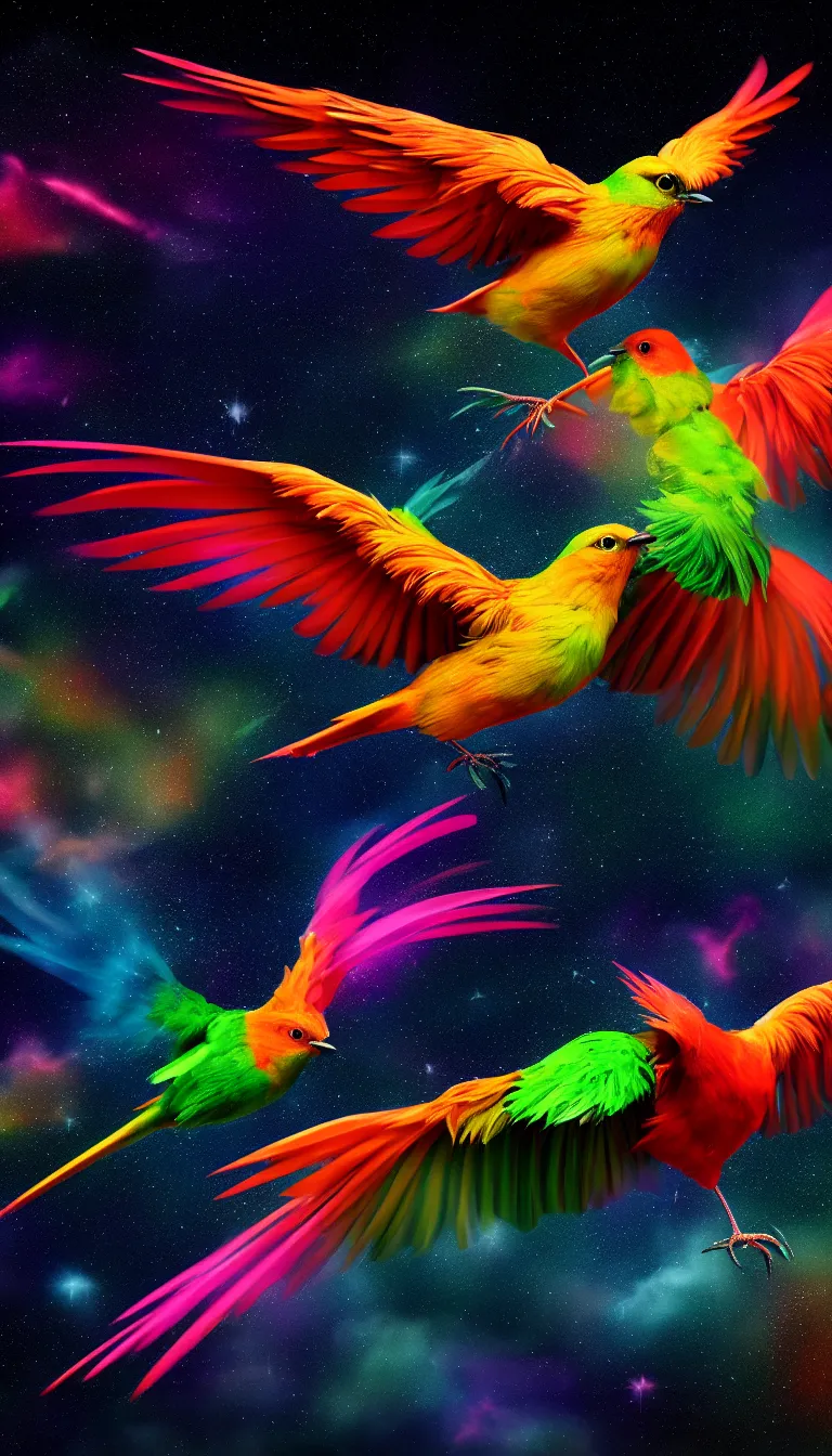 Prompt: highly detailed photo of seven colored bird flying in the dark space, hyper realistic, concept art, 8 k detail post - processing