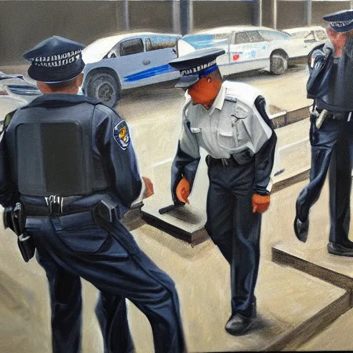 Image similar to hyperrealism painting of a police search of a suspicious person