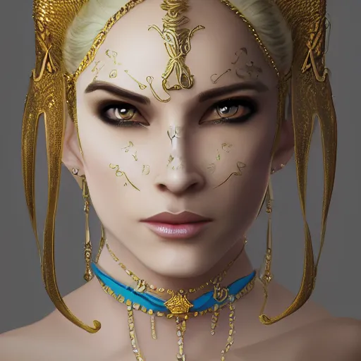 Image similar to portrait of a white human panter with a very long fur and gold jewelry, fantasy, trending on artstation, heroic pose, illustration, highly detailed, simple, 8k