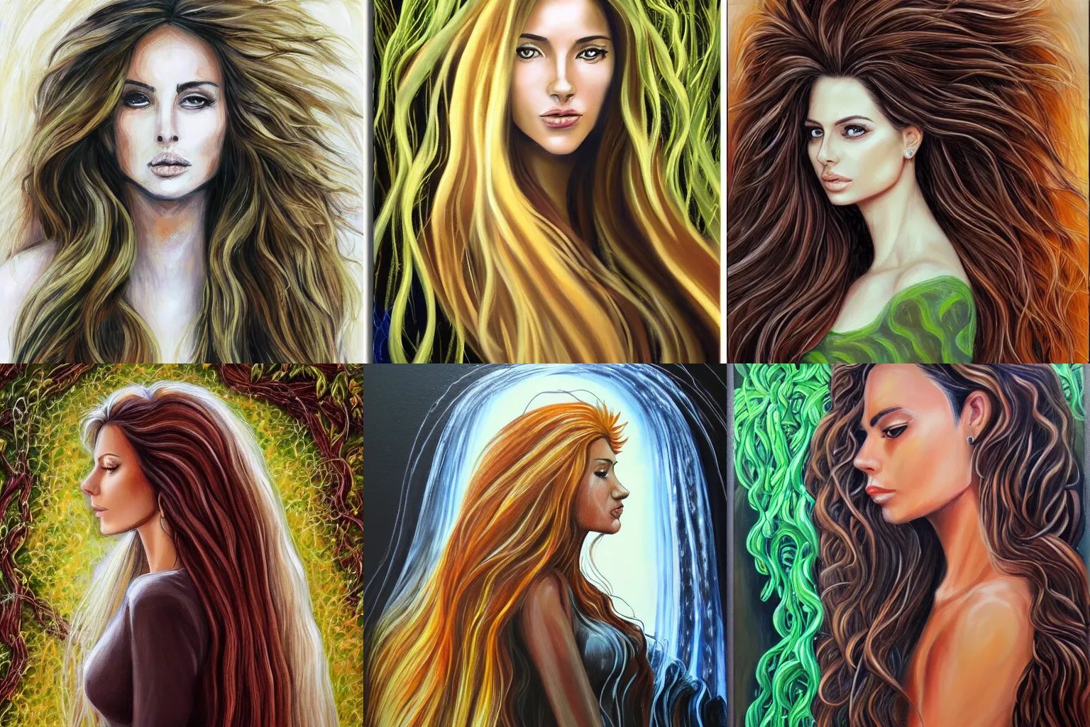 Prompt: beautiful woman, long flowing hair, profile view, looking at a lion, mane made out of waterfalls and vines by dimitra Milan. Canvas painting. Trending on art station.