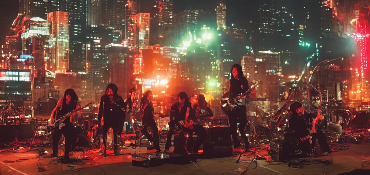 Image similar to The wide shot of disco punk rock Asian band with very long curly dark hair playing on guitars while Godzilla destructs the city, night city on the background, flying saucer in the sky, by Lubezki and David Lynch, anamorphic 35 mm lens, cinematic, anamorphic lens flares 4k