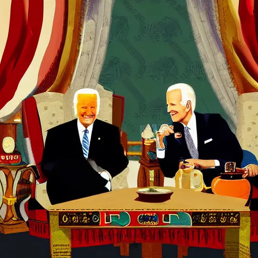 Prompt: joe biden sitting with saddam hussein they are both drinking tea photorealistic professional photograph