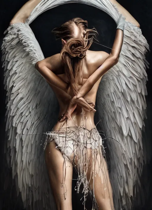 Prompt: expressive full body photo of an angels dancing, glamour shot, by jenny saville, by stefan gesell, photorealistic, canon r 3, fashion photography, hyper maximalist, elegant, ornate, luxury, elite, environmental portrait, symmetrical features, octane render, unreal engine, solid dark grey background, dramatic lights