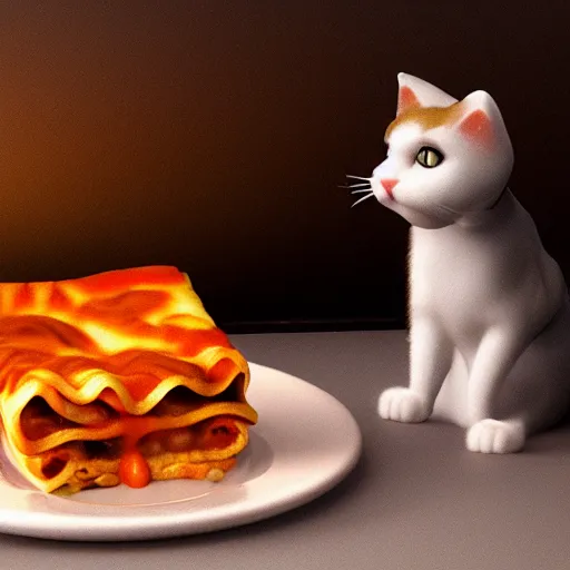 Prompt: photorealistic cute pvc model of cat garfield eating lasagne, atmospheric lighting, details