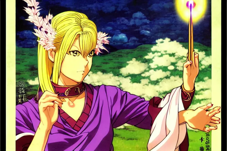 Image similar to a fantasy blond hair female priest casting a healing spell by hirohiko araki, character design, anime, color manipulation of paul gauguin, western pop culture, fashion,