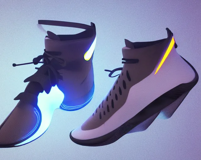 Image similar to 3D render of mid height nike sneakers with a new futuristic design, futuristic style, creative design, highly detailed, award winning, unreal engine 5, studio lighting, neon background