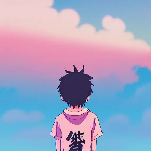 Prompt: a photoshoot for a studio - ghibli themed yzy gap clothing line, 8 k concept art, golden hour, vintage, pink skies, cloudy, dreamy, extremely detailed