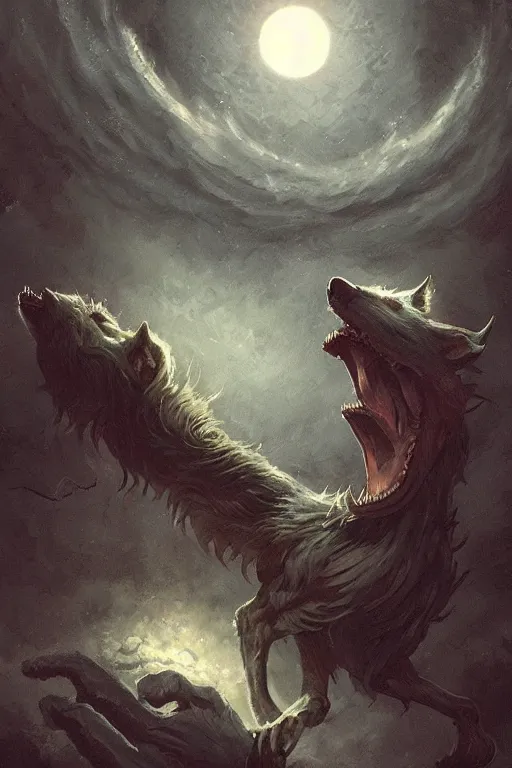 Image similar to lovecraftian wolf howling at the full moon, full moon, moon, digital art, magic the gathering, mtg, by greg rutkowski, trending on artstation