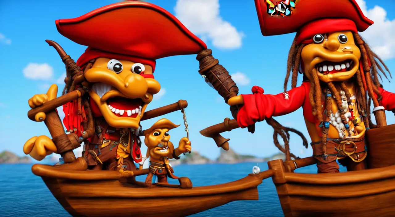 Prompt: a cartoonish pirate on a boat ready to conquer the island, highly detailed, photorealistic portrait, bright studio setting, studio lighting, crisp quality and light reflections, unreal engine 5 quality render