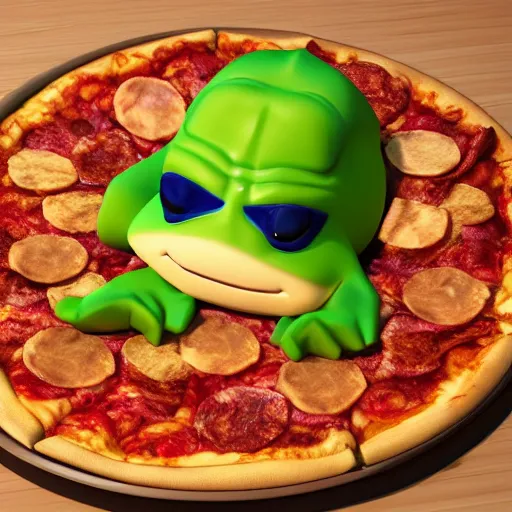 Image similar to a gigantic ninja turtle potato eating a pizza while sitting in a golden throne, 3D render 8K