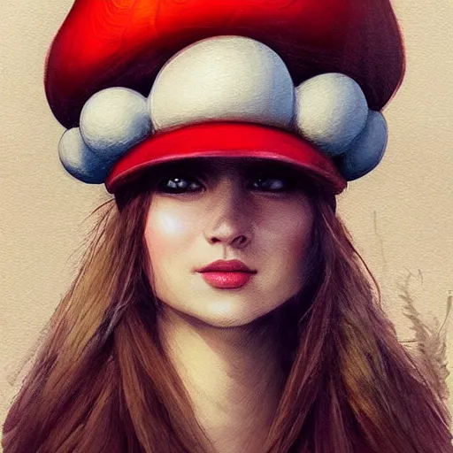 Image similar to super mario as an attractive young smiling woman wearing a mushroom crown, face portrait, hd shot, digital portrait, beautiful, fantasy art, artstation, comic style, by artgerm, guy denning, jakub rozalski, magali villeneuve and charlie bowater