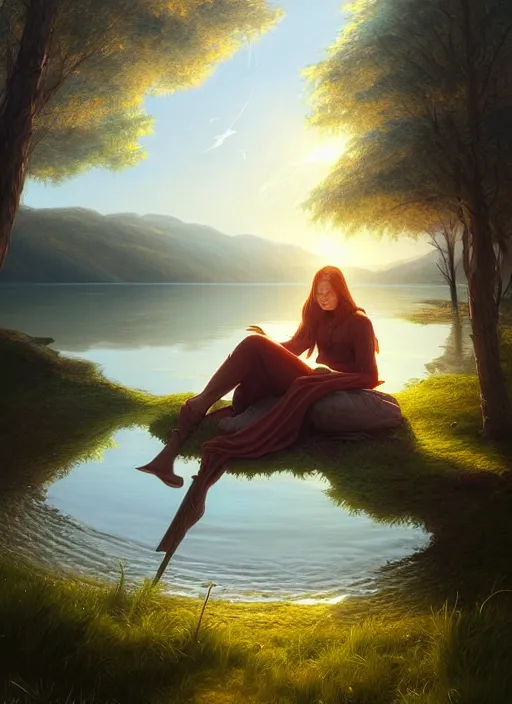 Image similar to full portrait of mage traveller resting at her tent at a lake. intricate, elegant, highly detailed, digital painting, artstation, concept art, smooth, sharp focus, illustration, art by artgerm and greg rutkowski, 4 k