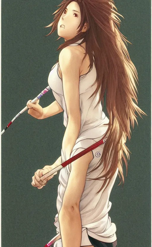 Prompt: badminton player, trading card front, anime style, long hair, hair down, symmetrical facial features, hanebado, hyper realistic, pale skin, 4 k, rule of thirds, extreme detail, detailed drawing, trending artstation, hd, fantasy, d & d, realistic lighting, by alphonse mucha, greg rutkowski, sharp focus, backlit