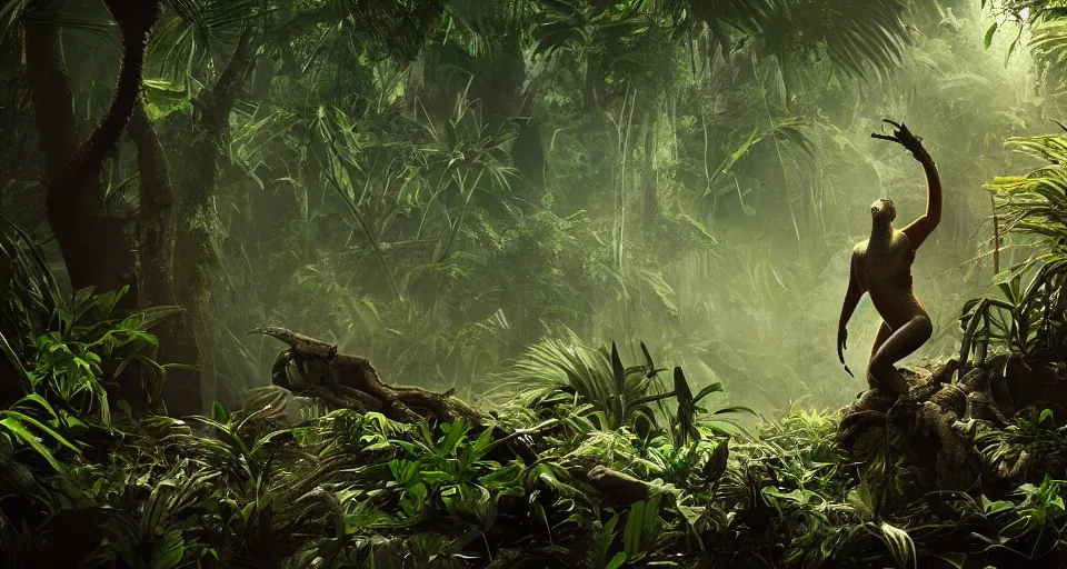 Prompt: a python in a jungle environment, dramatic lighting, cinematic, octane render, cgsociety, artstation, 4k