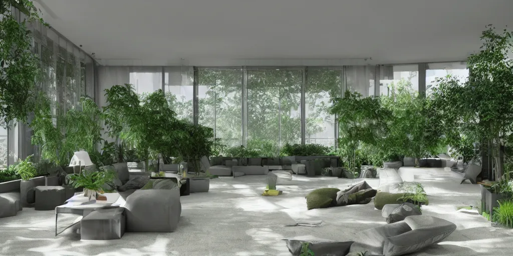 Prompt: new york penthouse designed by Geoffrey Bawa, greenery, plants, pond, concept, octane rendering