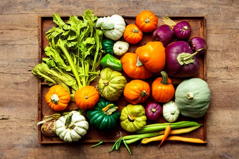 Image similar to magazine quality photo shoot of beautifully displayed fall vegetables