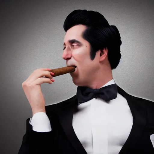 Prompt: The Troll Face smoking a big cigar in a black tuxedo and slicked back jet black hair with a white background, 4k resolution, 8k resolution, HD Quality, highly detailed, very detailed, detailed, studio quality lighting, digital art, trending on art station