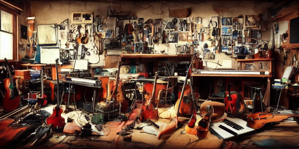 Prompt: a color photograph of a musician's basement studio with many things, workbench overloaded with broken instruments,, trending on artstation, hyperrealism