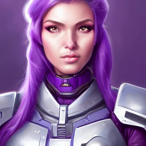 Image similar to a portrait of a very beautiful woman in battletech elemental clanner clan battle armor, Alexandria\'s genesis, chin-length purple hair, bored, illustration, soft lighting, soft details, painting oil on canvas by mark arian by artgerm, trending on artstation, 4k, 8k, HD