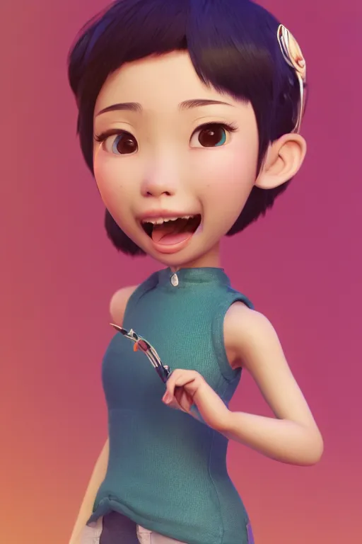 Image similar to a cute Asian girl singing, short stylish hair in the style of DreamWorks animation, mid-shot, low angle view, 16mm lens, award winning, hyper detailed, studio lighting, artstation, octane renderer, unreal engine