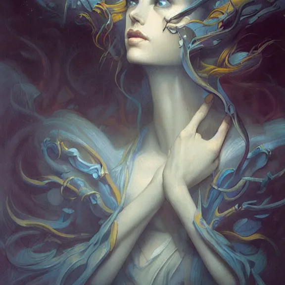 Image similar to a highly detailed beautiful portrait in the style of peter mohrbacher and in the style of jean delville.