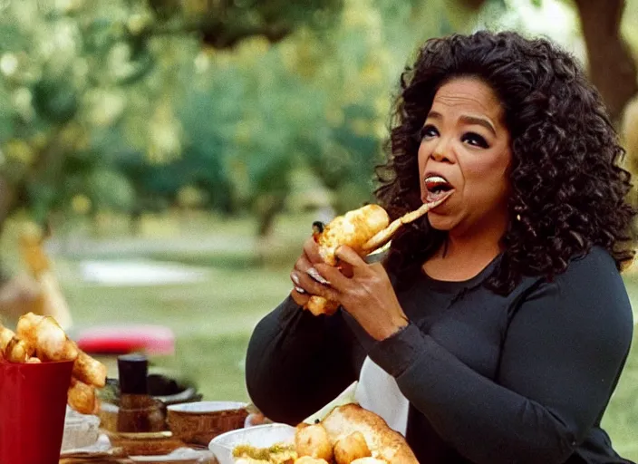 Prompt: film still of Oprah eating a corndog in the new Willow movie, 4k