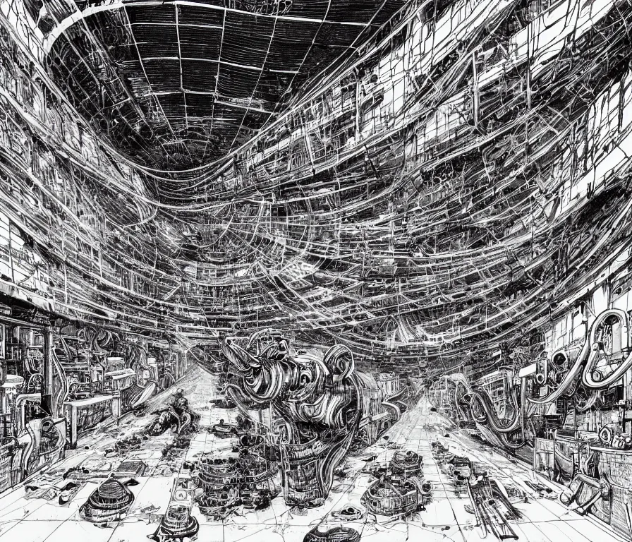 Image similar to empty very dark cargo hall and large corridor of huge huge space ship containing cages with cosmic animals ultra detailed ink drawing by james jean